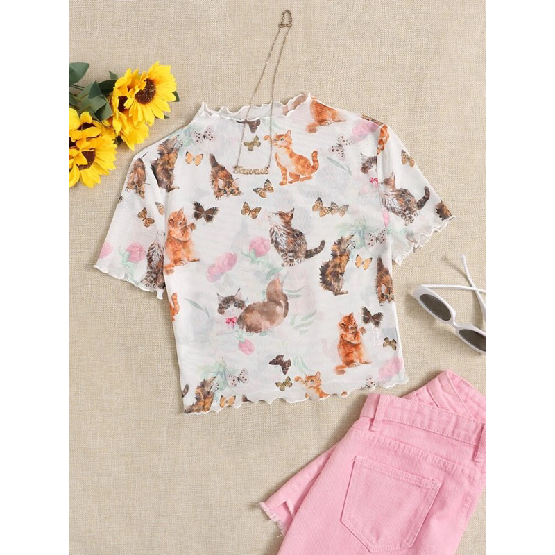 [SIS.SIE พร้อมส่ง] NEW เสื้อยืดครอปซีทรูแขนสั้น ลายน้องแมว+ผีเสื้อ ผ้าตาข่ายโปร่ง ขอบหยัก