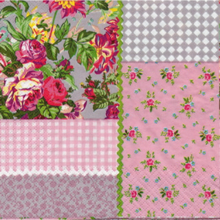 Pladao Napkin ภาพ ดอกไม้ ช่อกุหลาบพื้นเทา Patchwork ชมพู กระดาษ แนพกิ้น สำหรับงานศิลปะ เดคูพาจ decoupage ขนาด L 33x33