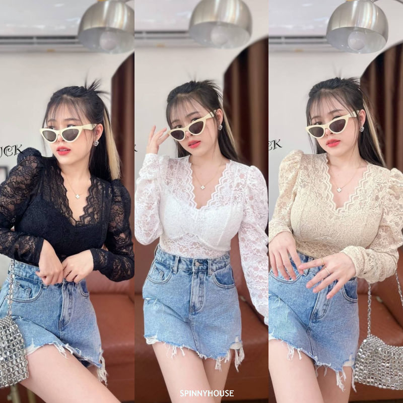 🌈 SpinnyHouse 🌈 เสื้อลูกไม้แขนยาว งานลูกไม้ผ้านิ่ม🧲💕 ใส่ออกงานได้ รุ่น ลูกไม้อกร่อง B-028-3-B