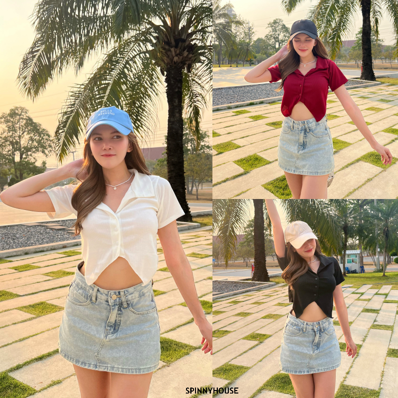 Spinnyhousestudio ครอปเชิ้ต เสื้อแขนสั้น เสื้อไปเที่ยวทะเล เสื้อสายฝอ y2k ผ้าอย่างดีไม่บาง ยืดเยอะ รุ่น เชิ้ตโบนัส