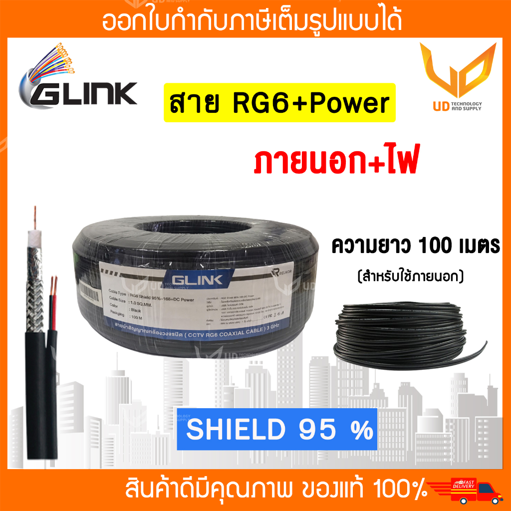 Glink สาย  RG6+Power (ชิลด์ 95%) มีสายไฟ ใช้สำหรับกล้องวงจรปิด ม้วน 100 เมตร ** พร้อมส่ง ** – โปรปัง