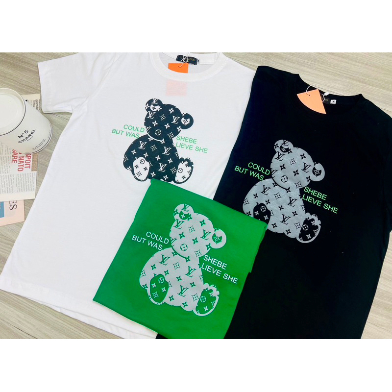 🌟STF_SHOP🌟เสื้อยืด แขนสั้น คอกลม งานคอป้าย สกรีนหน้า ลายน้องหมี ผ้าคอตตอนลายUnisex ใส่ได้ทั้งหญิง-ชา