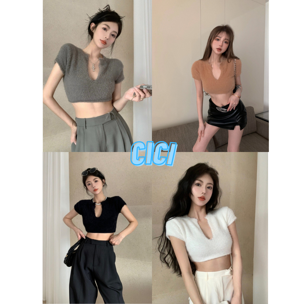 ส่งทันที Cici(NO. 10249)เสื้อแขนสั้นขนมิ่งไหมพรม ดีเทลเพิ่มเว้าลึก เนื้อผ้านุ่มนิ่มมากจับแมทซ์ได้ทุกลุค