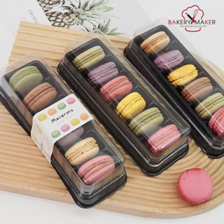 กล่องมาการอง 6 ชิ้น แพค 10 ใบ พร้อมสติ้กเกอร์  กล่องพลาสติก ฐานดำ macaron box