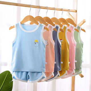 Babyonline(Y043)C2 ชุดเซ็ตเสื้อกล้ามกางเกงขาสั้นสำหรับเด็กลายการ์ตูนผ้าฝ้าย ผ้าร่อง นิ่ม พริ้ว ใส่สบาย