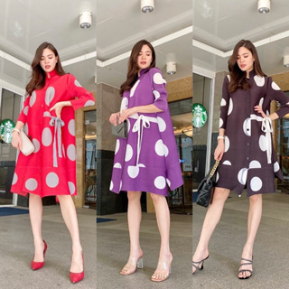 pokka Dot dress ชุดเดรสอัดพลีท ลายจุด เดรสออกงาน ทรงสวยหรูหรา