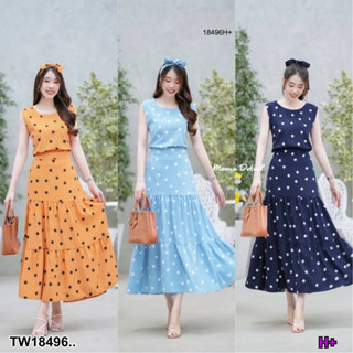 TT18496 set 2 ชิ้น เสื้อแขนกุดลายจุด + กระดปรงยาวระบายลายจุด .Set of 2 pieces. Polka dot sleeveless top + polka dot frin