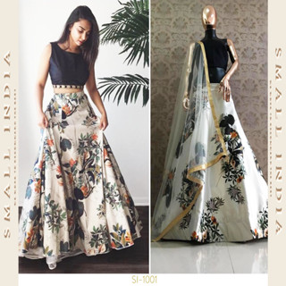 {**ส่งฟรี**} SMALL INDIA 🌷 Zari Satin Printed Work ชุดเซ็ทเสื้อกระโปรง 🌷 Lehenga Choli Set