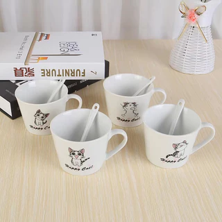 แก้วกาแฟ งานเซรามิค เหมาะกับชาวออฟฟิต ของขวัญ + ช้อนน่ารักๆเข้าอุ่นเข้าเวฟได้ แก้วต้าวแมว