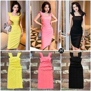 re stock 💛💗เดรสสอบคอเหลี่ยมแขนกุดสายจีบพลีทระบาย 💛💗maximal