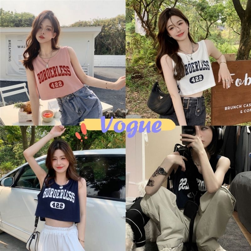 Vogue พร้อมส่ง เสื้อกล้ามไหมพรมครอปสั้น ใส่สบายปลายปล่อย ดีเทลสกีนตัวอักษร (58085)