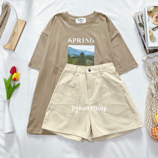 (📍ใส่โค้ด SUR6PRI6 ลด 20% ) เสื้อยืด oversize ลาย spring (น้ำตาล) + กางเกงขาสั้นทรงลุง (ครีม)