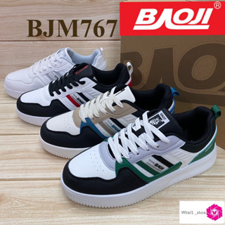 Baoji BJM 767 รองเท้าผ้าใบ แบบหนัง (41-45) สีขาวแดง/ขาวเทา/ขาวเขียว/ครีมดำ สล