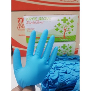 (Proราคาพิเศษ1แถม1)Tree Glove ถุงมือไนไตรสีฟ้า ถุงมือคุณภาพดี ไนไตรแท้ 100%