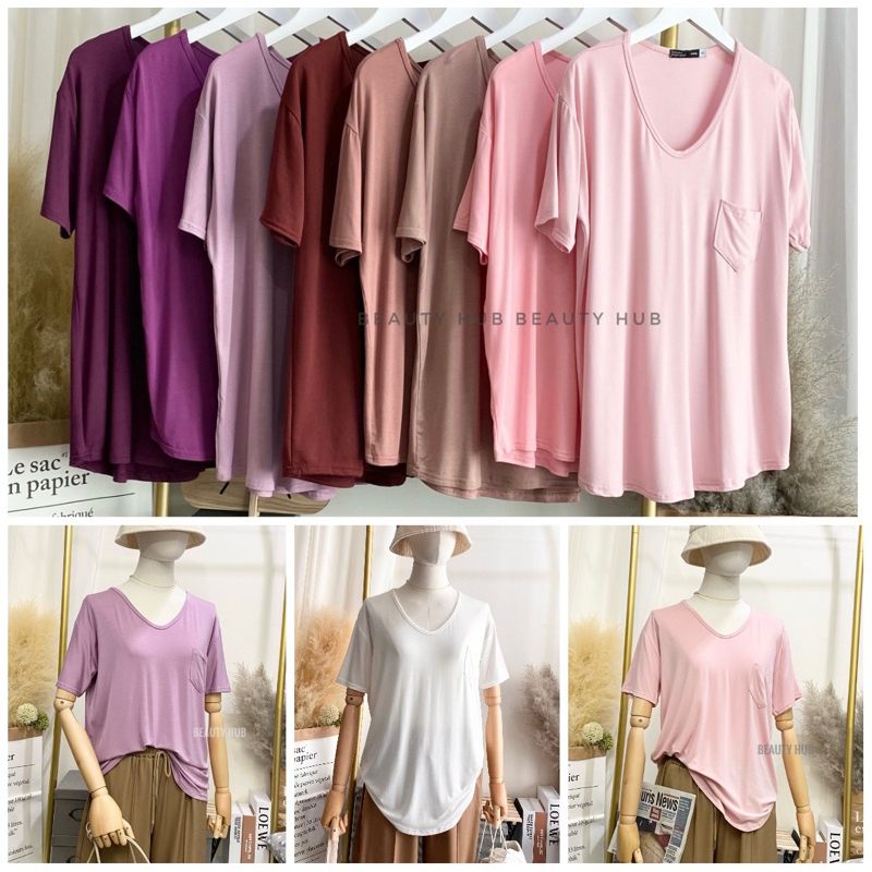 ซื้อ [081 ] เสื้อยืดเรย่อน คอวี  อก 36-46 สีพื้น มีกระเป๋า สาวอวบใส่ได้ ผ้านุ่มใส่สบาย