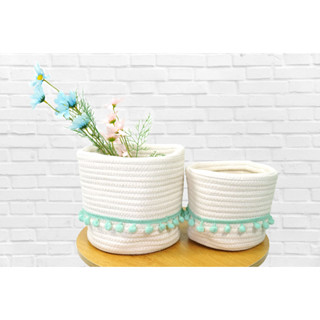 Storage basket set ตะกร้าผ้าเก็บของ 2ชิ้น คาดสีฟ้า ขนาด 20x20x21cm และ 19x16x17cm EJDS-BL