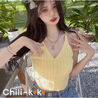 Chili_k❤️k❤️✨พร้อมส่ง✨ เสื้อสายเดี่ยวไหมพรม เสื้อแขนกุดสายเดี่ยว ผ้าร่อง ไหมพรม ผ้านิ่มใส่สบาย กระดุมหน้า มี5สี 70107