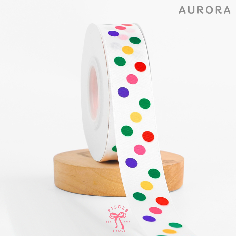 (ขายเป็นหลา) ริบบิ้นผ้าลายจุดหลากสีน่ารัก รุ่น AURORA ผูกของขวัญวันเกิด ผูกช่อดอกไม้