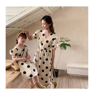 PRETTY KIDS 🔥ชุดคู่แม่ลูก polka dot ชุดเดรสลายจุดสีดำ ชุดแม่ลูกสุดน่ารัก