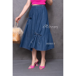 BoBo Bow JEANs SKiRT•• กระโปรงยีนส์ทรงA แต่งดีเทลรูดเชือกผูกโบว์ที่ด้านบนข้างขวา ด้านล่าง