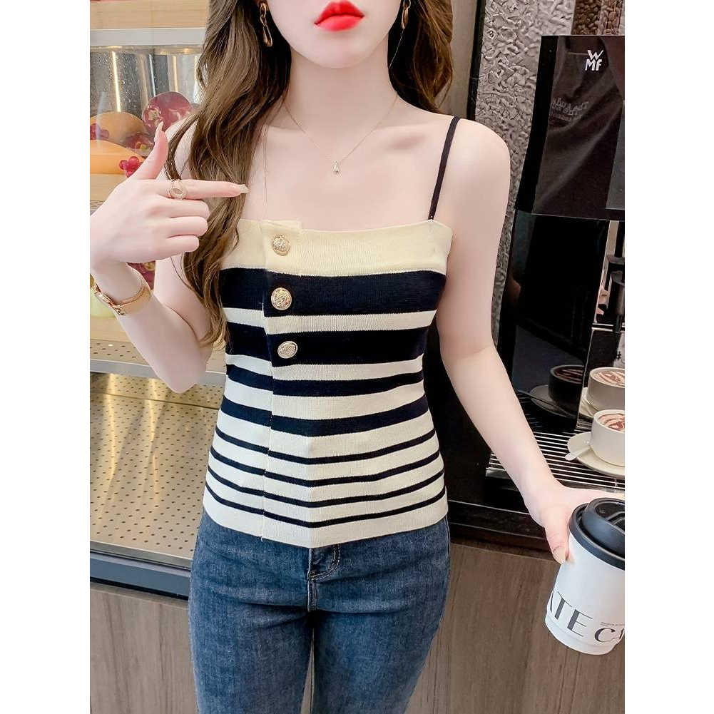 MQzz4289 พร้อมส่ง เสื้อสายเดี่ยวแบบใหม่ เสื้อครอป ลายทางยอดฮิต Free Size