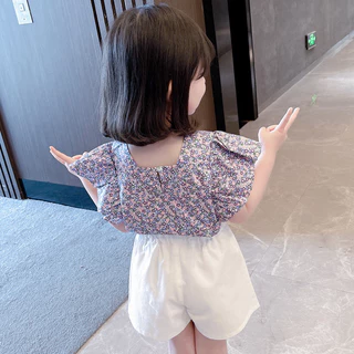 Babyonline (Y044)C4 (ส่งด่วน1วัน)ชุดเซ็ตเสื้อกางเกงขาสั้นเด็กลายดอกไม้แขนระบายสุดน่ารัก ผ้าฝ้าย