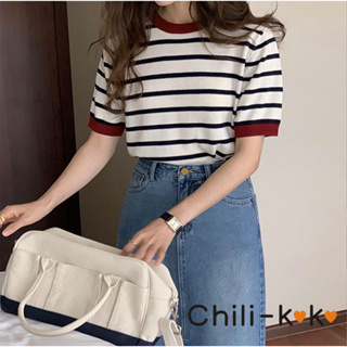 Chili_k❤️k❤️✨พร้อมส่ง✨เสื้อครอป แขนสั้น ผ้าถัก ลายทาง เรียบง่าย สําหรับผู้หญิง สไตล์เกาหลี 2676