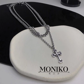 MONIKO สร้อยคอโซ่เงิน สองชั้น จี้ไม้กางเขน ประดับเพชร สไตล์ฮิปฮอป
