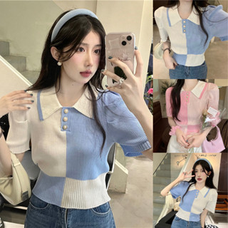 Korean🧧 เสื้อยืดไหมพรมคอปก สไตล์สีทูโทน 2 สี อกมีกระดุมน่ารัก