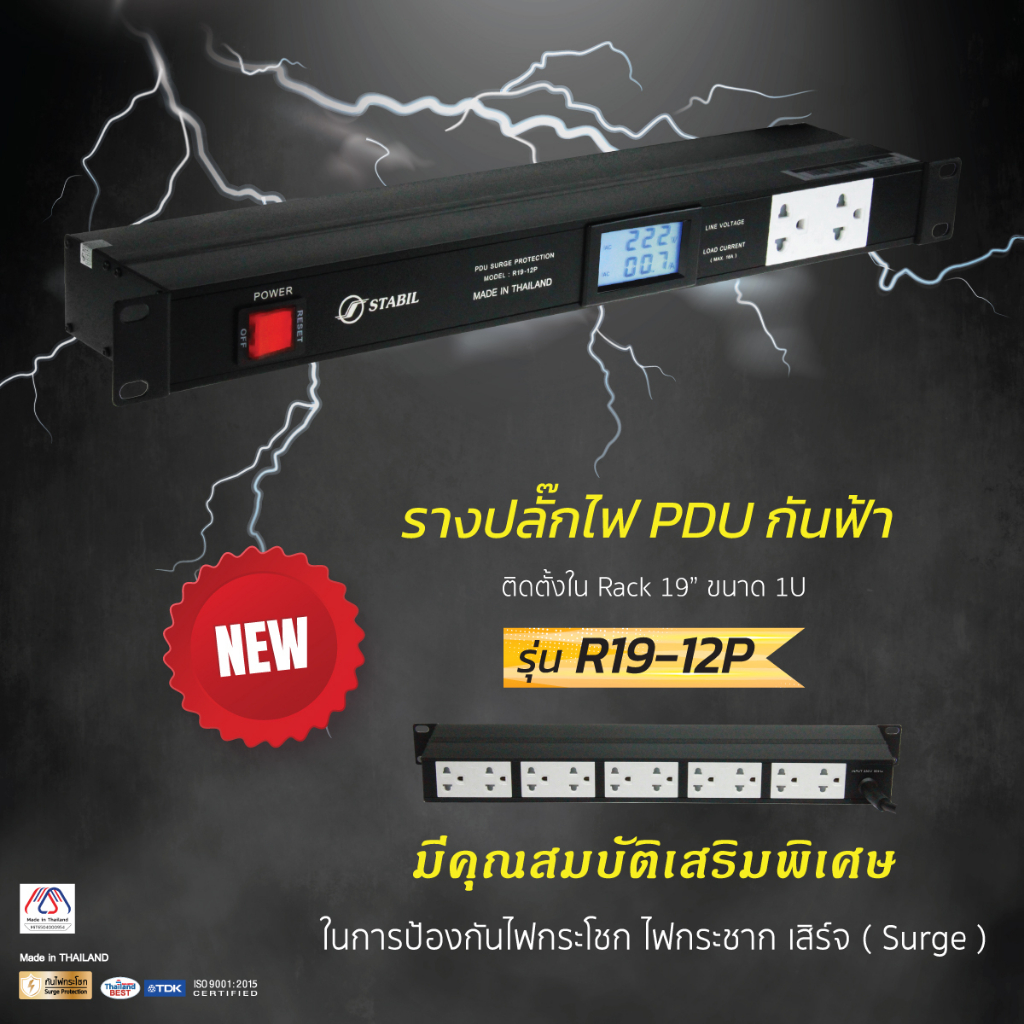 รางปลั๊กไฟ PDU กันฟ้า (ติดตั้งใน Rack 19" ขนาด 1U) รุ่น R19-12P ( PDU with Surge Protection model : R19-12P )