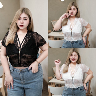 Lace top 🌸✨🌷 ครอปลูกไม้ซิบหน้า ครอปลูกไม้คอวีสาวอวบ