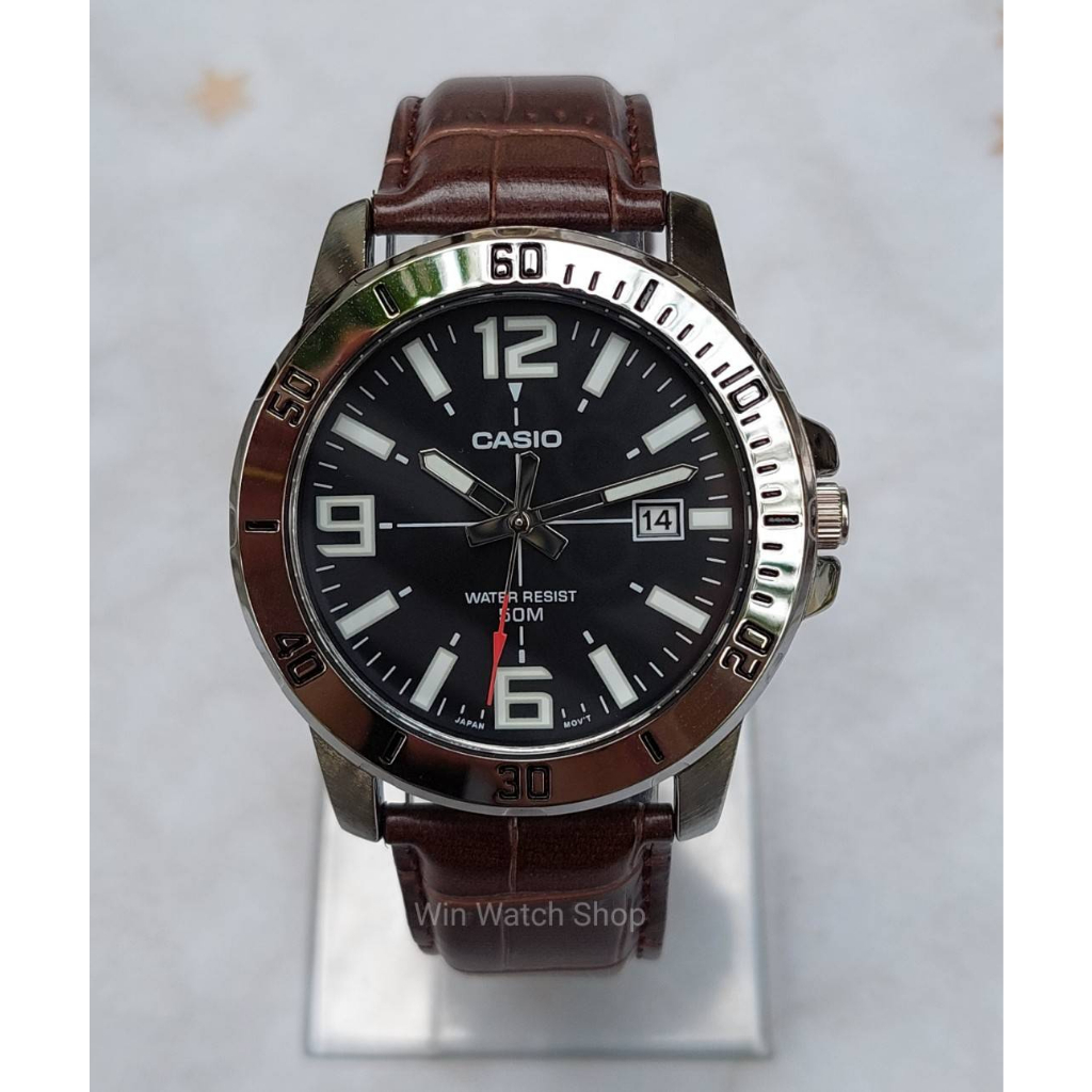 นาฬิกาCasio แท้ รุ่น MTP-VD01L-1B  นาฬิกาข้อมือผู้ชายสายหนังสีน้ำตาล หน้าปัดดำ- ของแท้ 100% รับประกันสินค้า 1 ปี