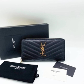 YSL SAINT LAURENT MONOGRAM COMPACT WALLET CAVIAR BLACK LEATHER GOLD LOGO กระเป๋าสตางค์ใบยาวแบบ 2 พับ แบรนด์วายเอสแอล ดำ