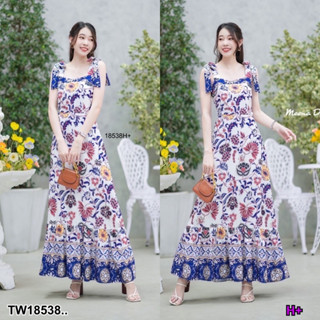 MF18538  Maxi dress ผูกไหล่ลายดอกผ้าเชิง แบบผูกเอง (สายปรับระดับได้)มีซิปซ่อนด้านหลัง มีซัปใน งานสวยลายผ้าเกร๋ๆ ใส่แล้วน