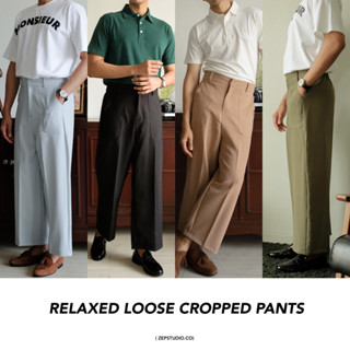 Relaxed Loosely Cropped Ankle Pants กางเกงลำลองผู้ชาย กางเกงสแล็คเอวยางยืดด้านหลัง(สม็อค)ทรงหลวมโอเวอร์ไซส์ สไตล์เกาหลี