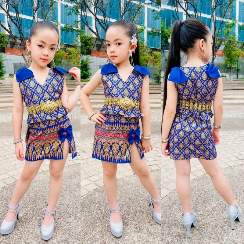 ชุดไทยประยุกต์สีน้ำเงินเด็ก เสื้อแขนกุดคอv+กระโปรงผ่าหน้าผ้าไทยพิมพ์ทองนู้น ชุดไทยเด็ก ชุดไทยเด็กผู้หญิง ชุดไทยเด็กหญิง