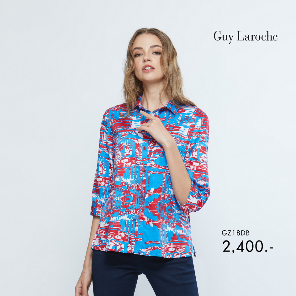 Guy Laroche เสื้อเชิ้ตผู้หญิง Soft cotton Fast &amp; Furious แขนสามส่วน สีฟ้า (GZ18DB)