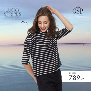 GSP เสื้อยืด เสื้อยืดผู้หญิง Blouse เสื้อยืดแขนยาวลายริ้วสีดำขาว Lucky Stripes (P9XPBL)