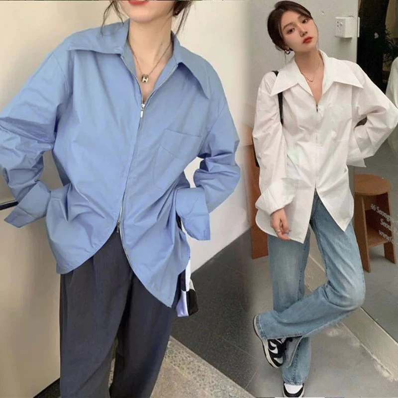 เสื้อเชิ้ตแขนยาวผู้หญิง Oversize เสื้อดีไซน์ใหม่มีซิปและคอปกขนาดใหญ่ เสื้อผ้าแฟชั่นโอเวอร์ไซส์เกาหลี ทรงหลวม ยาวปานกลาง