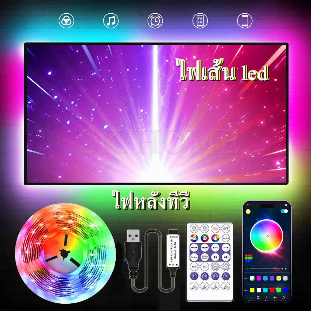 ไฟเส้น LED USB RGBIC ไฟหลังทีวี เปลี่ยนสีได้ ซิงค์เพลงอัตโนมัติ ไฟแต่งห้อง Gaming Room พร้อมรีโมท