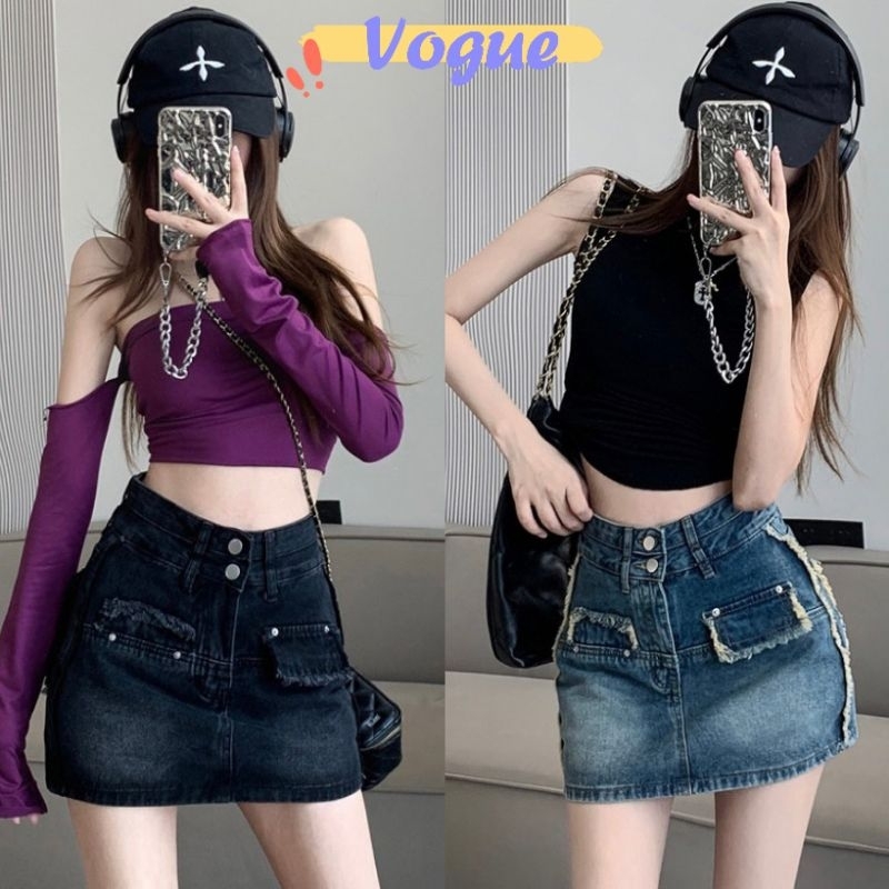 Vogue พร้อมส่ง กระโปรงยีนส์เอวสูง ดีเทลปลาบขาดๆเท่มากสีฟอกกำลังมาแรง (7217/7507) -NZ -N