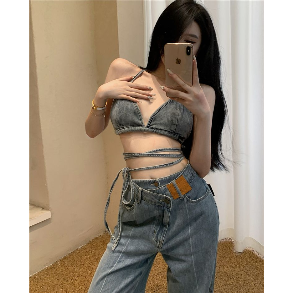 Hot sale2023 ฤดูร้อนใหม่เซ็กซี่สายแขวนด้านบนสายรัดยีนส์ความงามกลับเสื้อกั๊กแฟชั่น