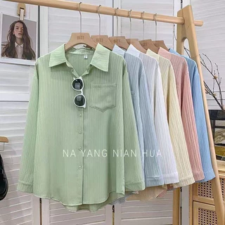 ล้างสต็อก🔥 PBB2933 เสื้อเชิ้ตอัดพลีทผ้าคอตตอนลินินคอปกแขนยาวผู้หญิง เสื้อแฟชั่นเกาหลีสีทึบเรียบง่ายลำลอง ทรงหลวม ใส่สบาย
