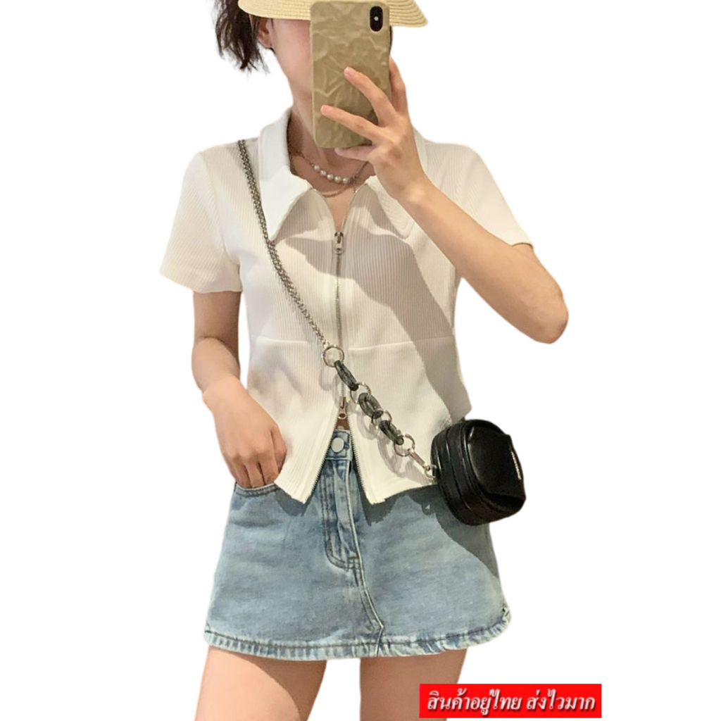 NINGFASHION เสื้อยืดคอปกเเขนสั้นมินิผู้หญิง รุ่น W8368