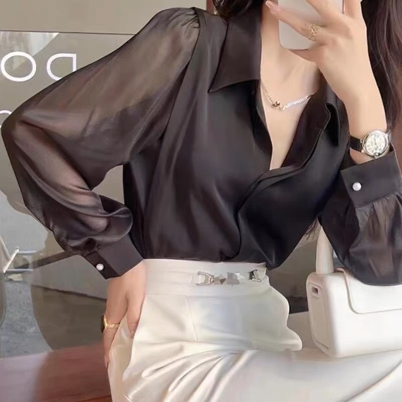 เสื้อเชิ้ตแขนยาว เขตแขนชีฟองแก้ว เนื้อผ้าเกาหลี New fashion 2023