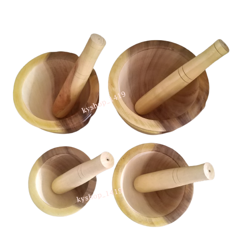 ครกไม้ พร้อมสาก เกรด A ครกไม้ส้มตํา ขนาด 6-9 นิ้ว ผิวเรียบเนียน ไม่มีตาไม้ สีเหลืองลายเนื้อไม้ธรรมชาติ ครกตำน้ำพริก - รูปที่ 2