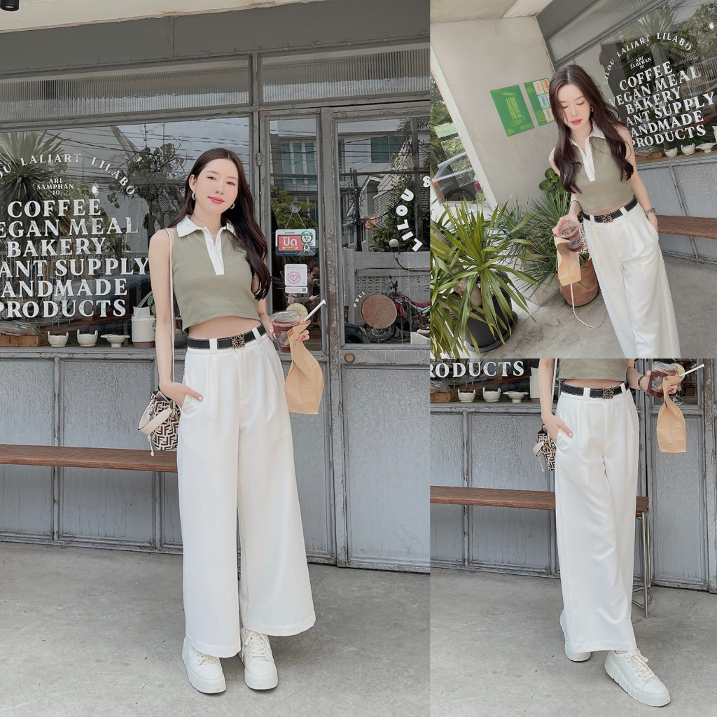 L/XL ขาว/น้ำตาล/ดำ SLYQ MADE SYMPHONY BASIC STRAIGHT PANTS กางเกงขายาวผ้าเรียบเอวสูง