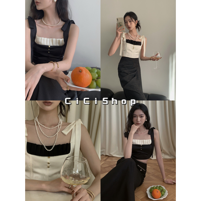 Cicishop(J308)สายเดี่ยวคอเหลี่ยมดีเทลสายผูกโบว์เองแต่งจับจีบหน้าอกน่ารักมากกมินิมอลสุดๆ