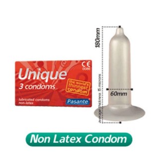 ถุงยางอนามัยรุ่นบาง(0.015) ขนาด 60 มม. [Non latex​ condom]​ (แพ็ค3ชิ้น)​ Pasante Unique เหมาะสำหรับผู้ที่แพ้ยาง