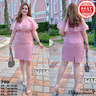 งานป้ายพรีเมียม นำเข้า เดรสสาวอวบ เว้าไหล่ แขนแต่งระบายผ้าออแกนดี้ Peppermint Plus size (588 B)